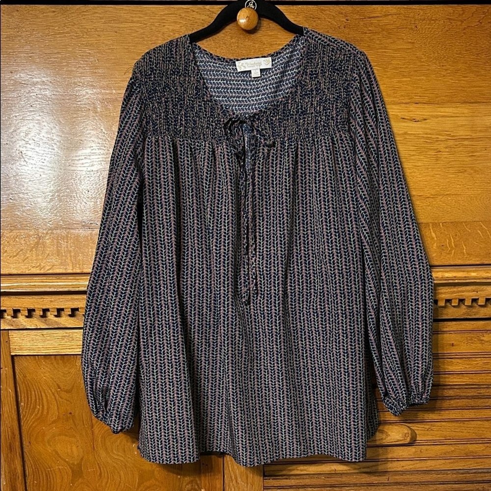 Suzanne Betro Boho Chic Peasant Blue Pink Leaf Print Smocked Tie Neck Blouse